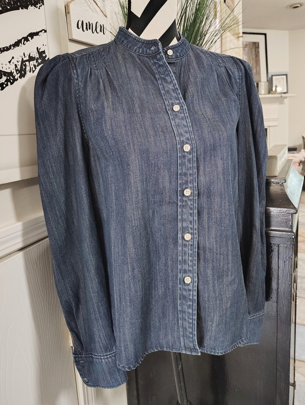 FRAME $268 Charlie Puff-Sleeve Denim Top Women's Small "Gorham" Dark Wash - Picture 10 of 15